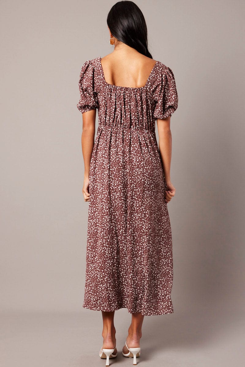Brown Ditsy Midi Dress Puff Sleeve Midi