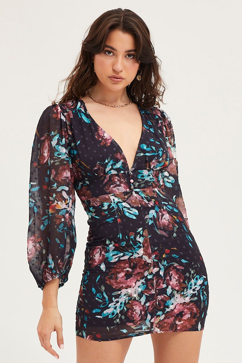 Print Mini Dress Long Sleeve Evening