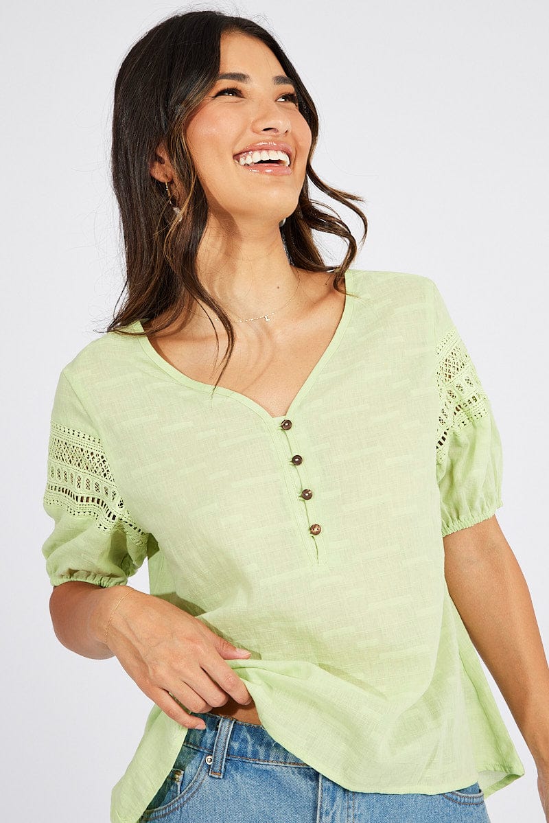Green Top lace details sleeve texture cotton