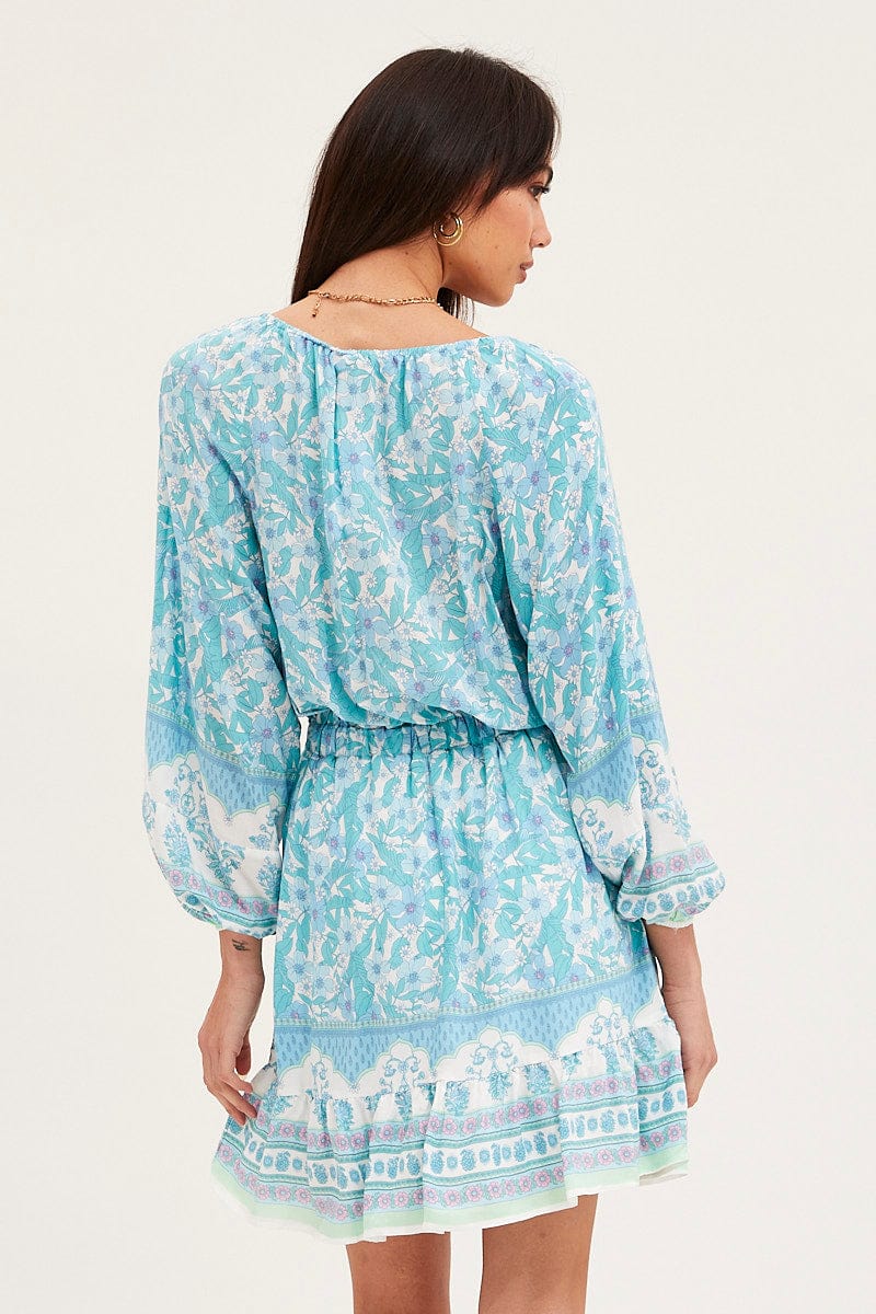 Boho Print Tie Waist Dress Long Sleeve Mini