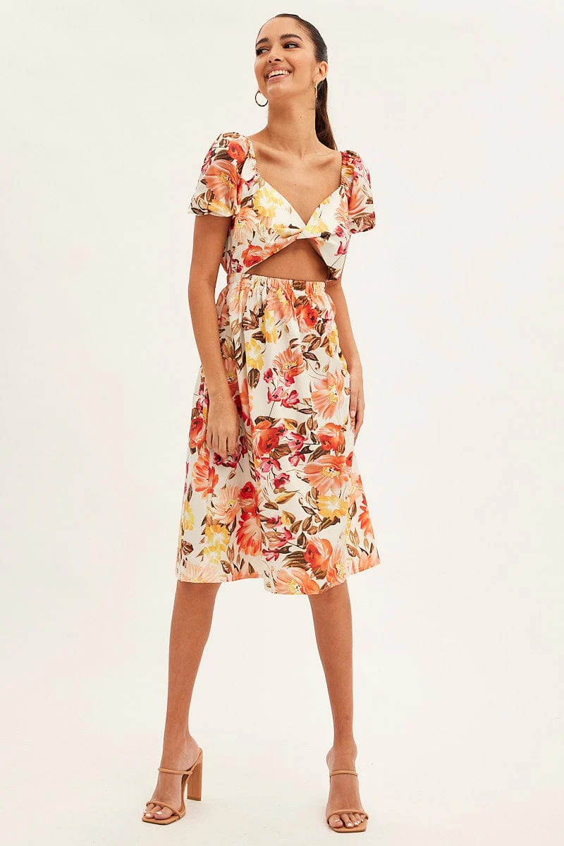 White Floral Twist Front Midi Dress