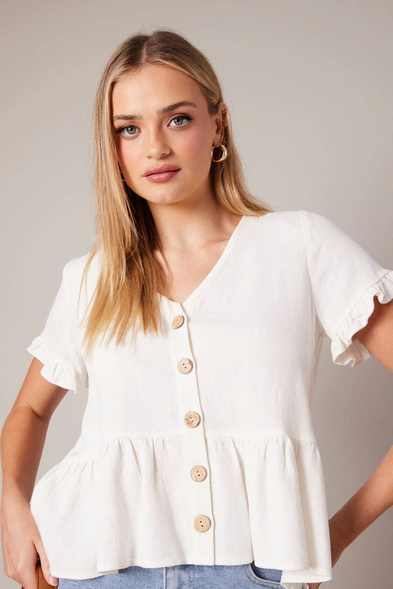 White Button Up Top V-Neck Frill Hem Top Linen