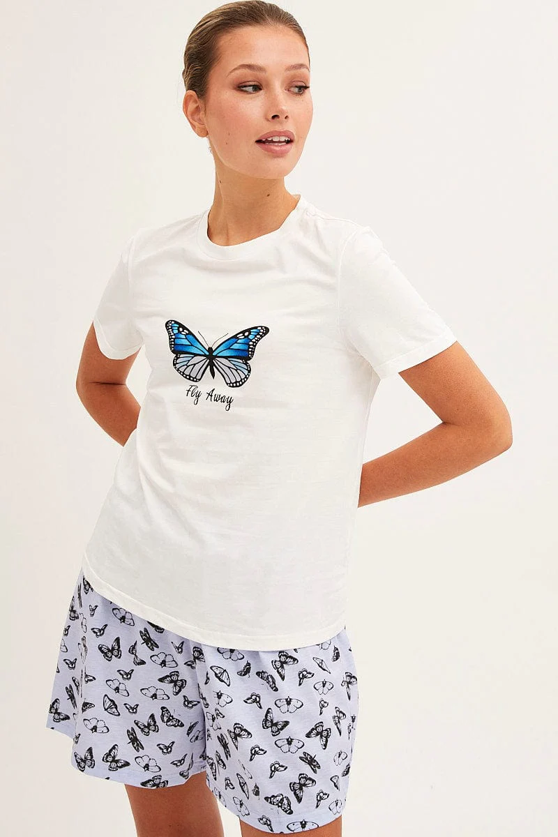 Blue Print Pyjamas Set Short Sleeve Top & Shorts