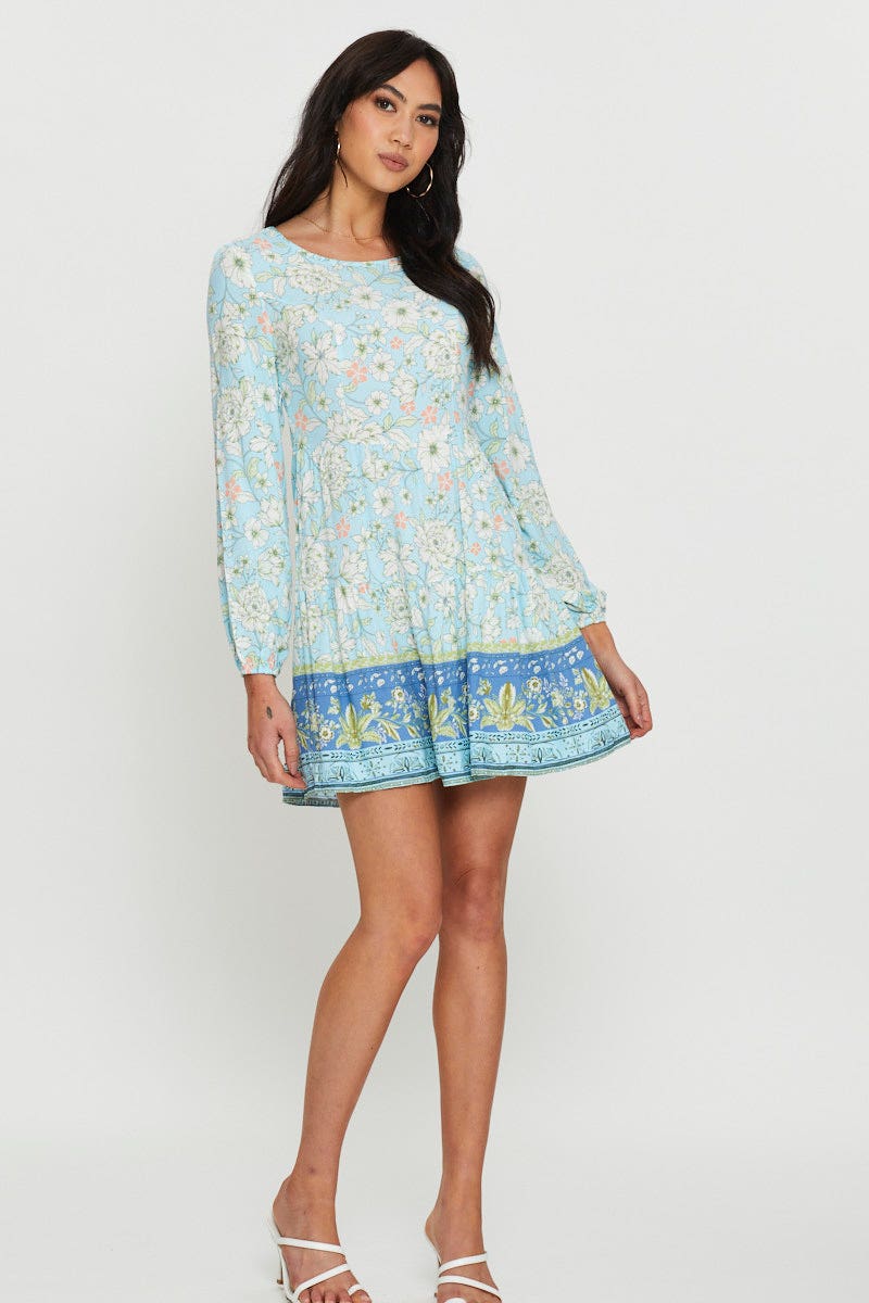 Boho Print Mini Dress Long Sleeve