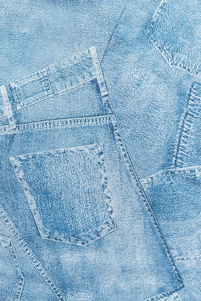 Blue Print Top Long Sleeve Collar Neck Print