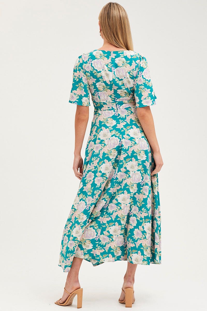 Print Dress Short Sleeve Maxi V Neck Polyester
