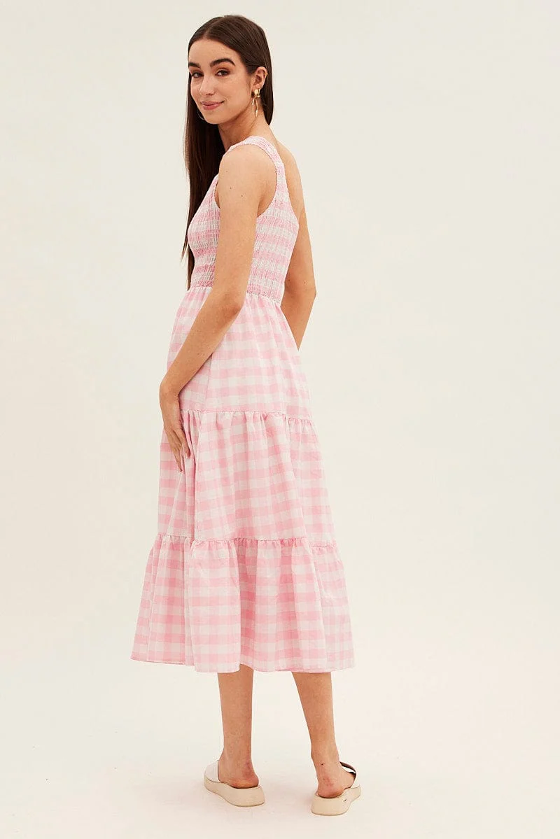 Pink Check Midi Dress One Shoulder Shirred Body