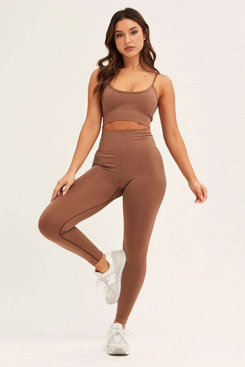 Brown Seamless Activewear Top And Pants Set