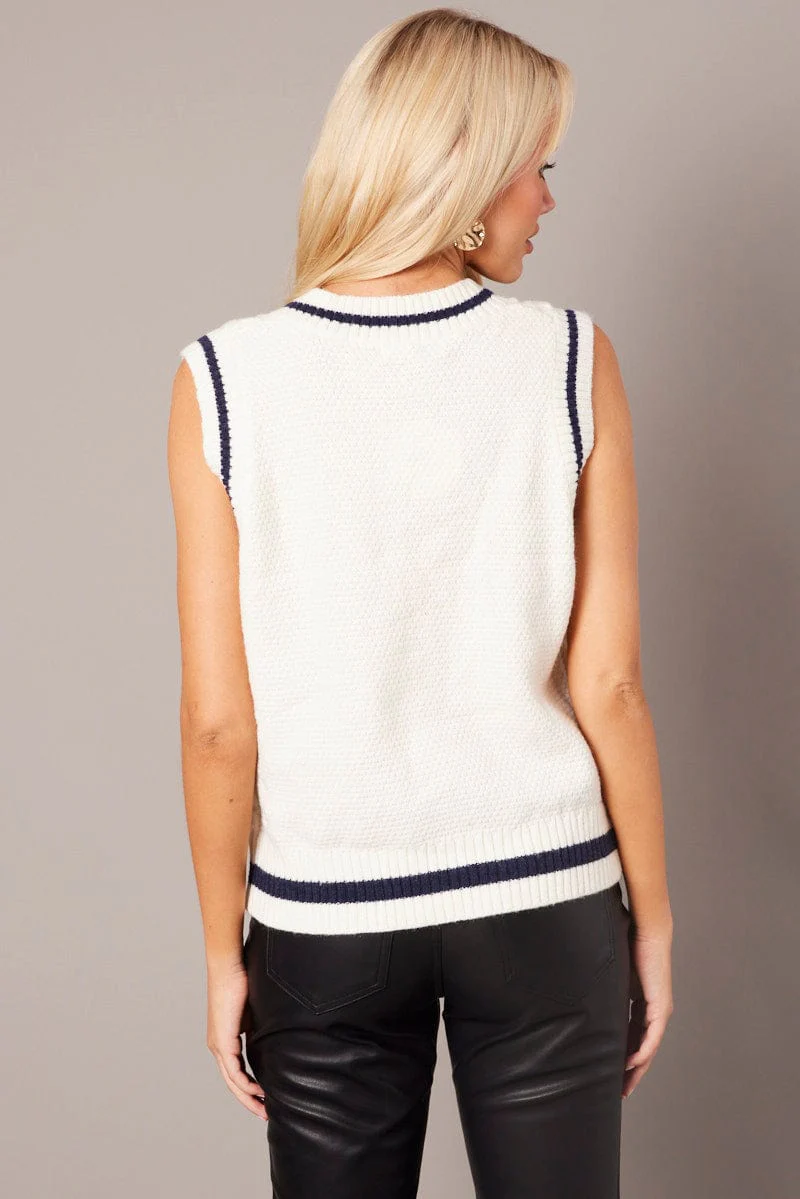 White Knit Vest Sleeveless V Neck Cable