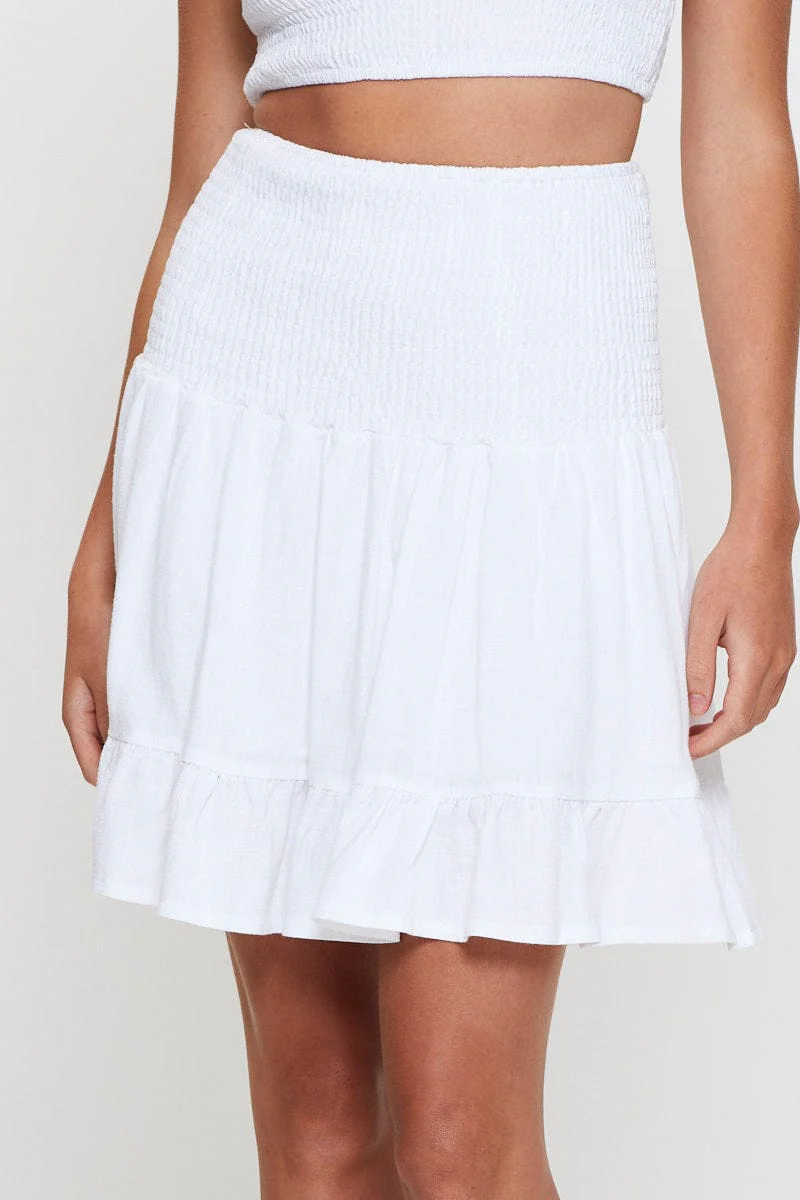 White Shirred Skater Mini Skirt