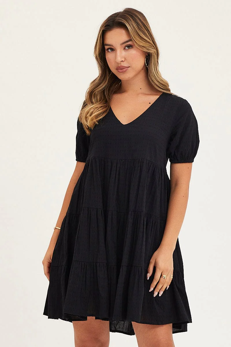 Black Tiered Dress Puff Sleeve Mini