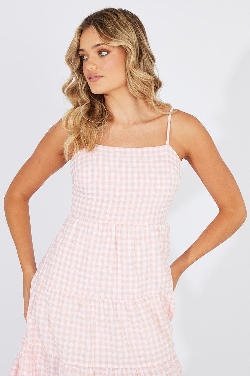Pink Check Midi Dress Sleeveless Tie Back