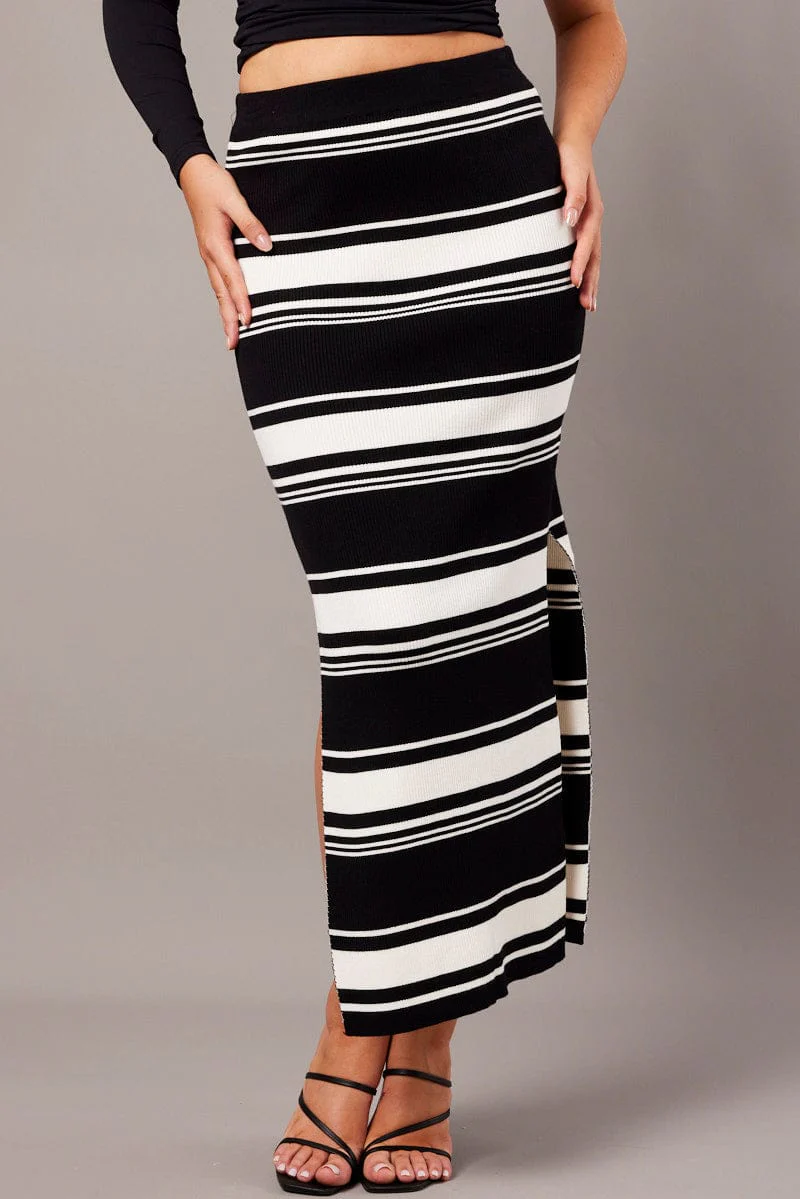 Black Stripe Knit Skirt High Rise
