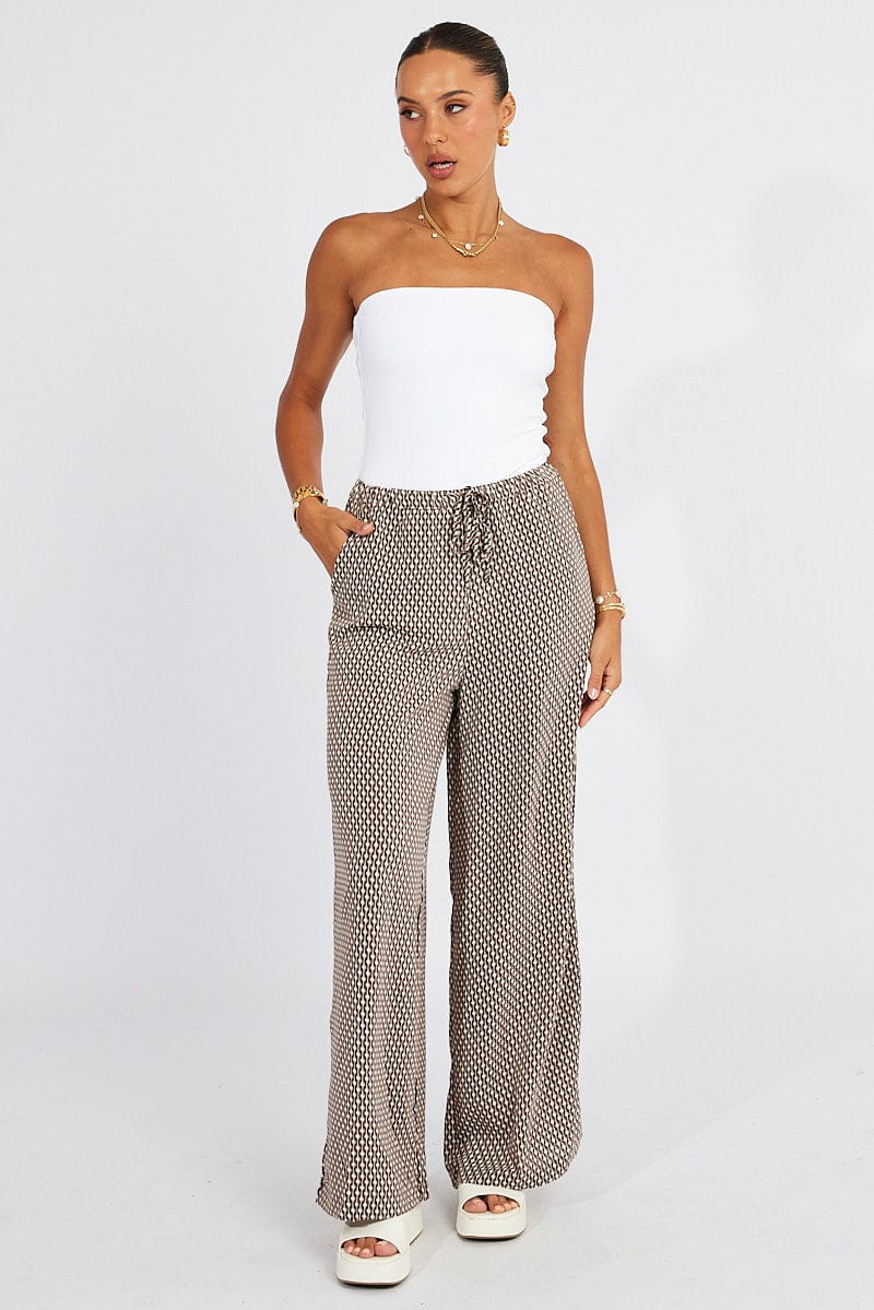 Brown Geo Wide Leg Pants Drawstring Waist
