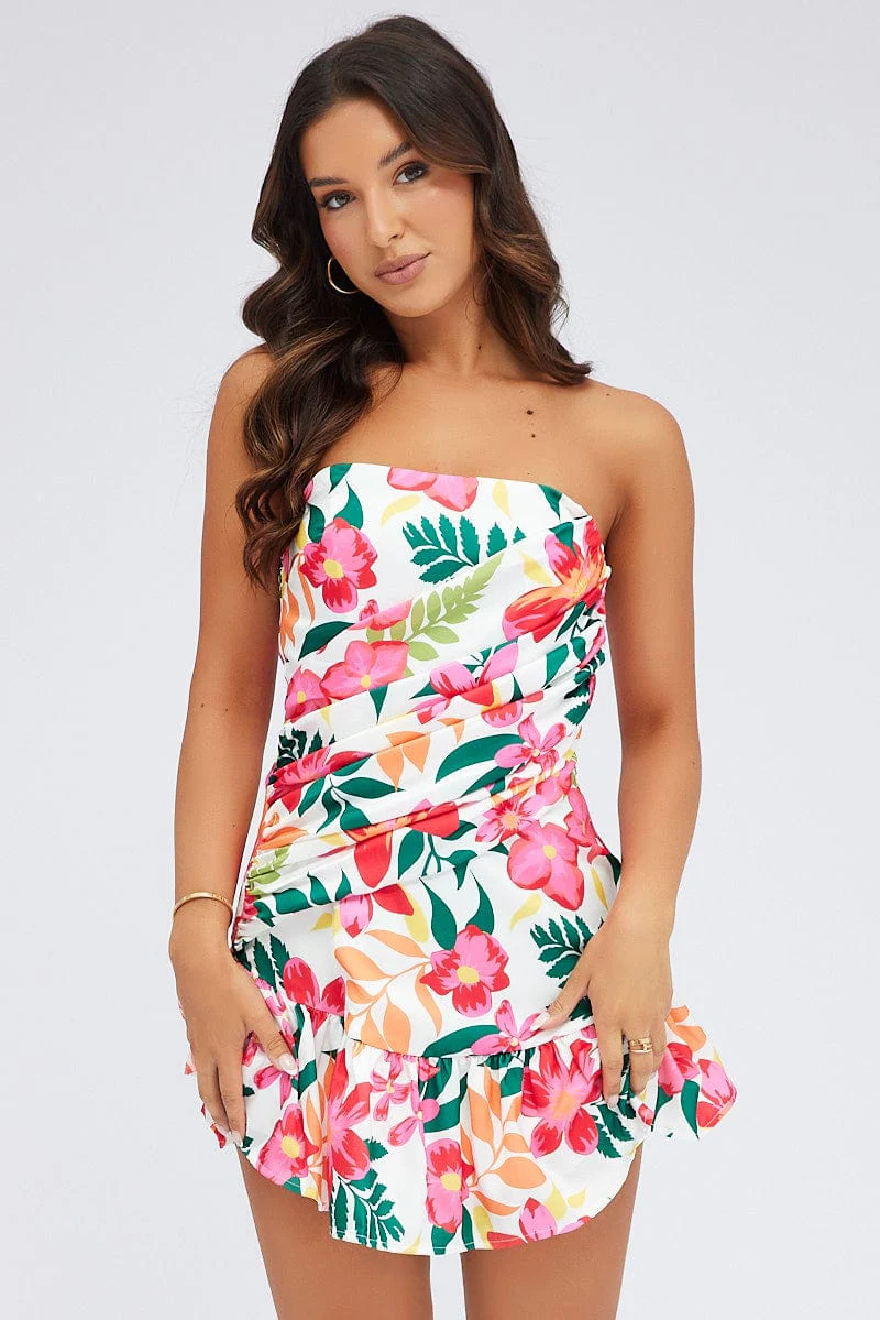 Multi Floral Ruched Dress Strapless Bandeau Ruffle Mini