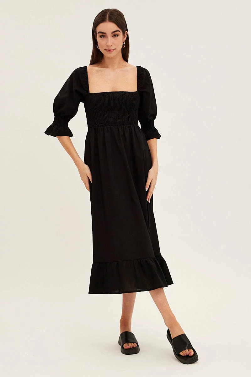 Black Puff Sleeve Shirred Tiered Midi Dress