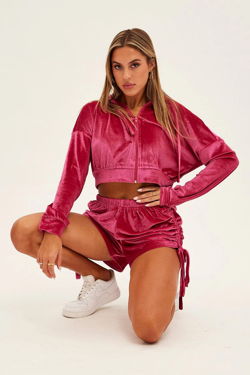 Hot Pink Velvet Jacket Long Sleeve Hoodie