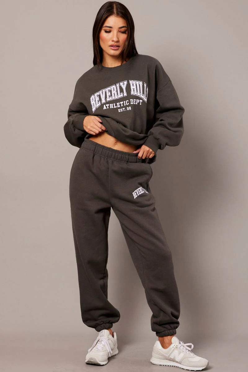Grey Track Pants High Rise