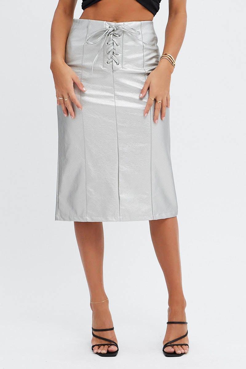 Metallic Midi Skirt Low Rise Lace Up Front Faux Leather PU