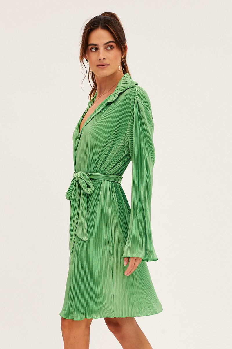 Green Plisse Shirt Dress Front Button
