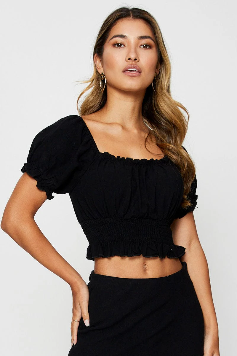 Black Puff Sleeve Top Short Sleeve Crop
