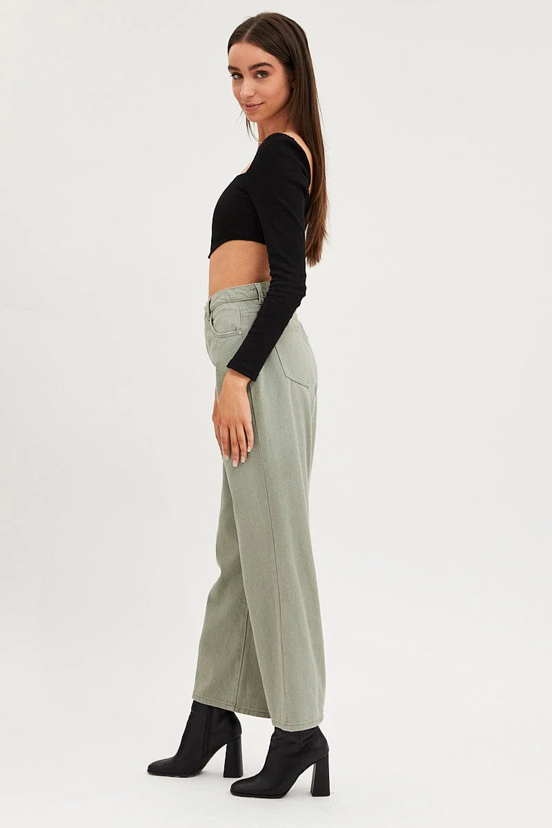 Green Wide Leg Denim Jeans High Rise
