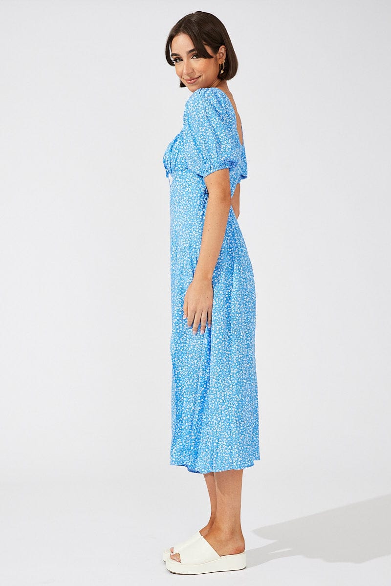 Blue Floral Midi Dress Puff Sleeve Midi