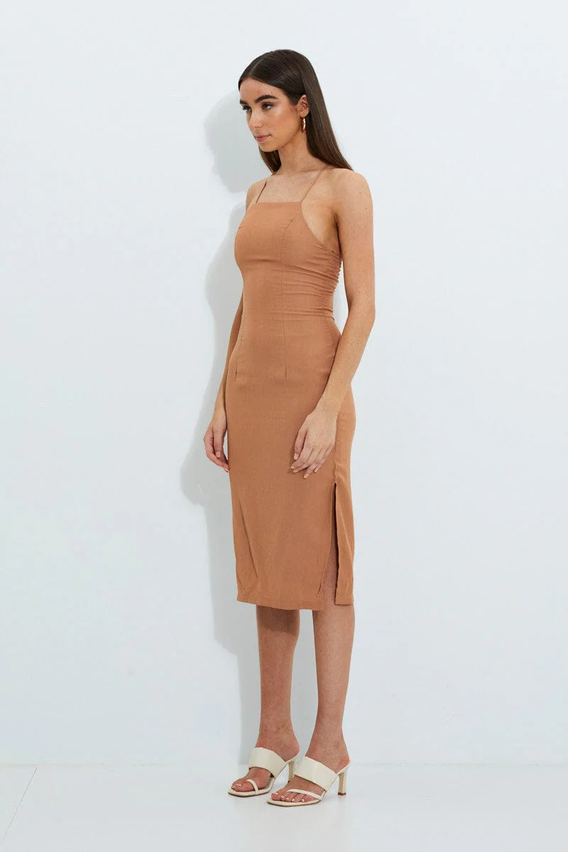 Beige Designer Linen Look Racer Neck Midi Dress