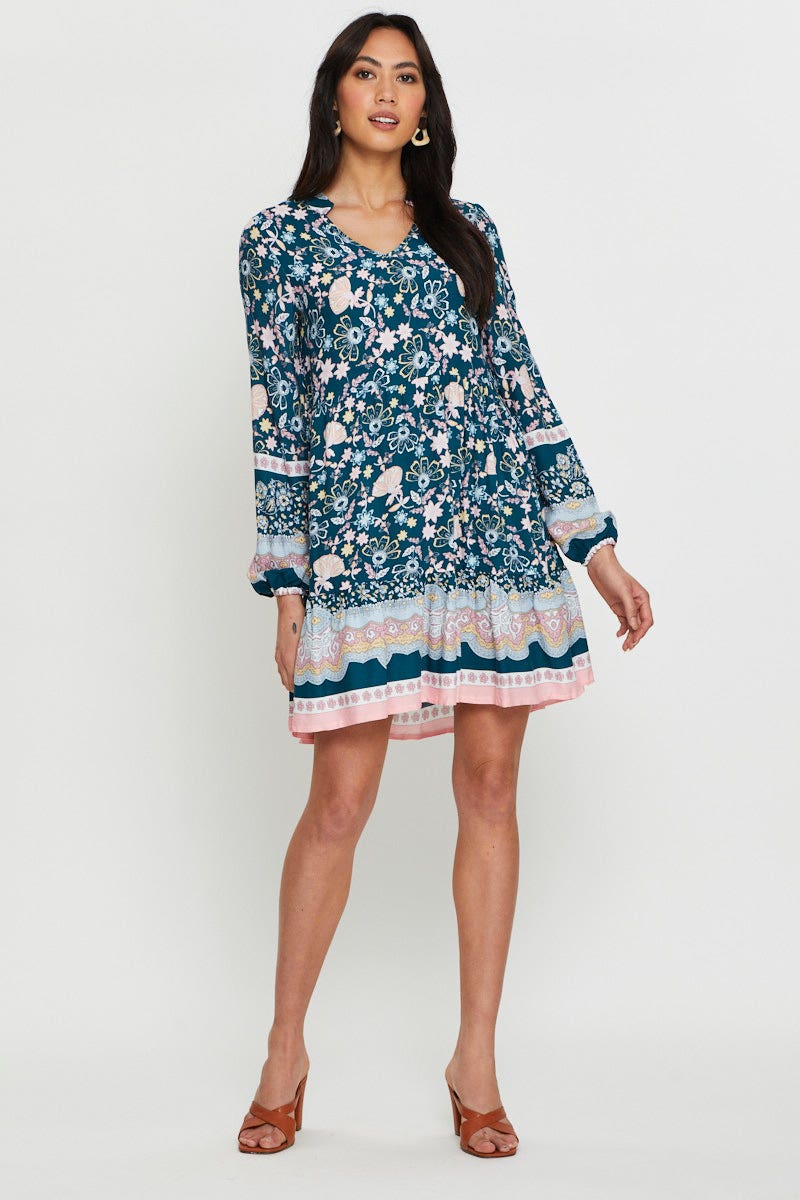 Print Mini Dress Long Sleeve