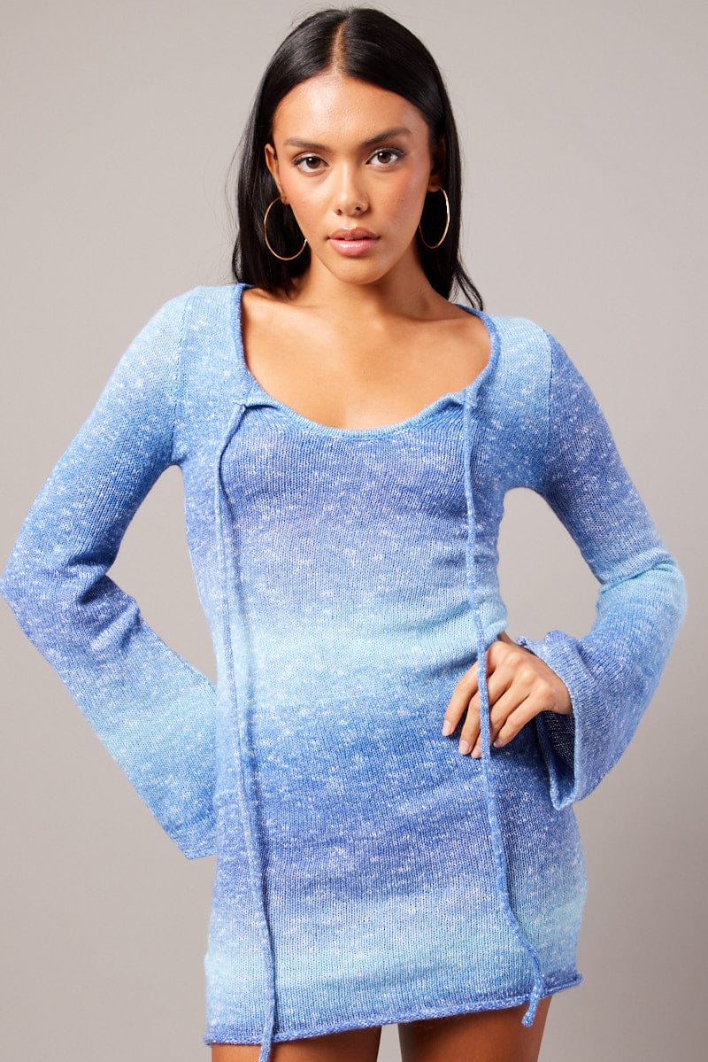Blue Knit Dress Long Sleeve Mini