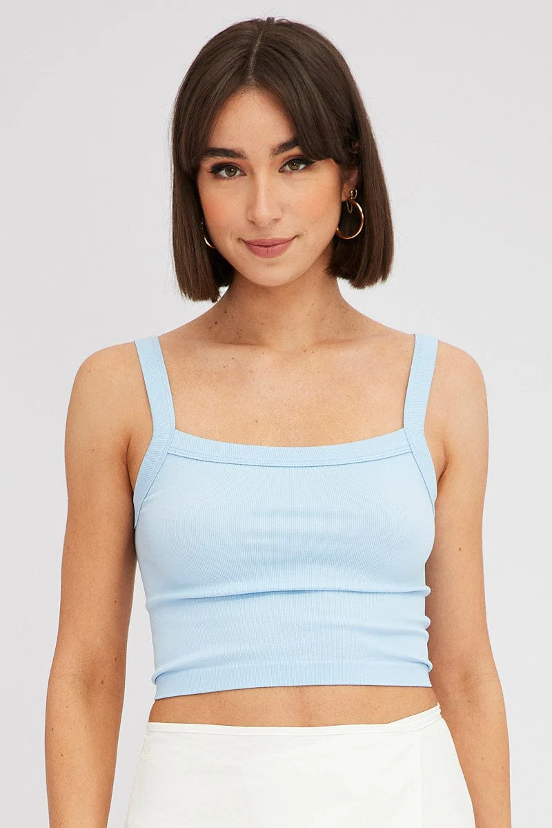 Blue Singlet Top Round Neck Seamles