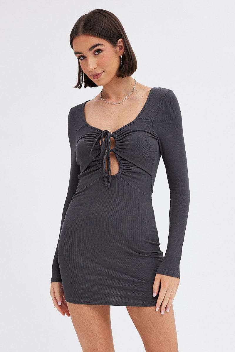 Grey Dress Long Sleeve Cut Out Details Bodycon Rib