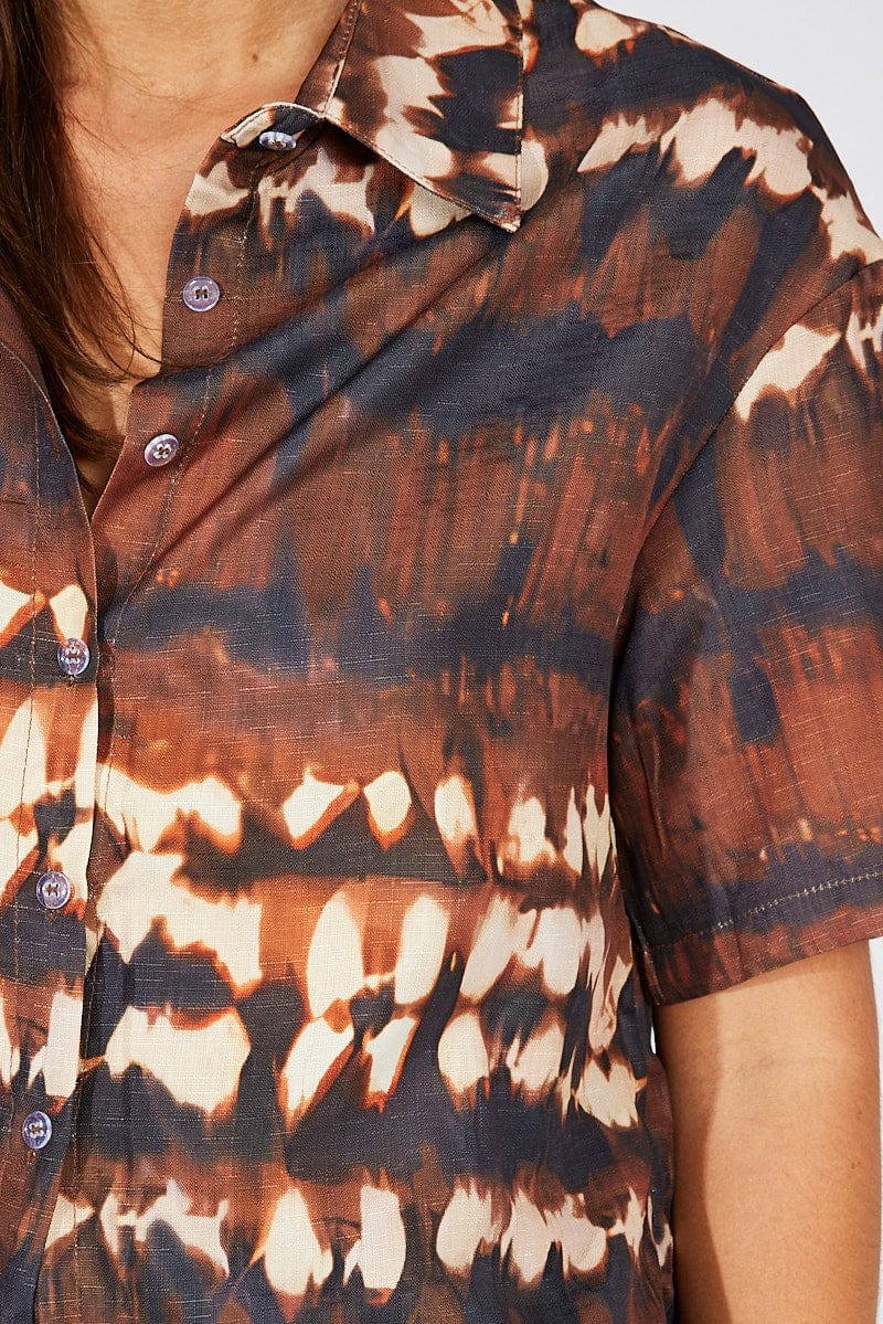 Brown Print Oversized Shirt and Pull on Shorts Set