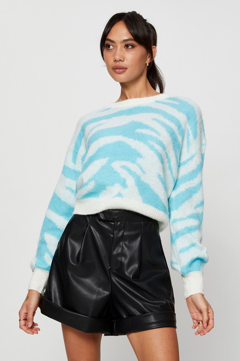 Blue Abstract Print Knit Top Long Sleeve Relaxed Round Neck