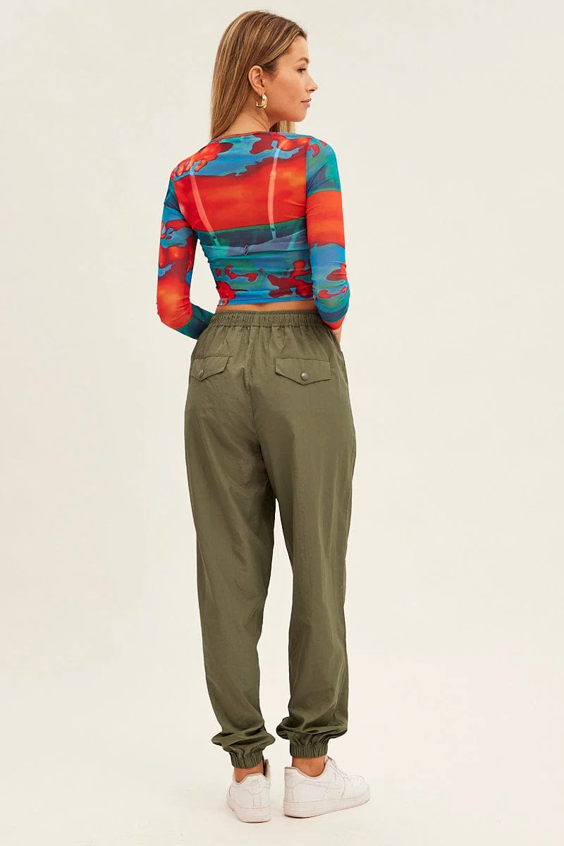 Green Parachute Cargo Pants Mid Rise