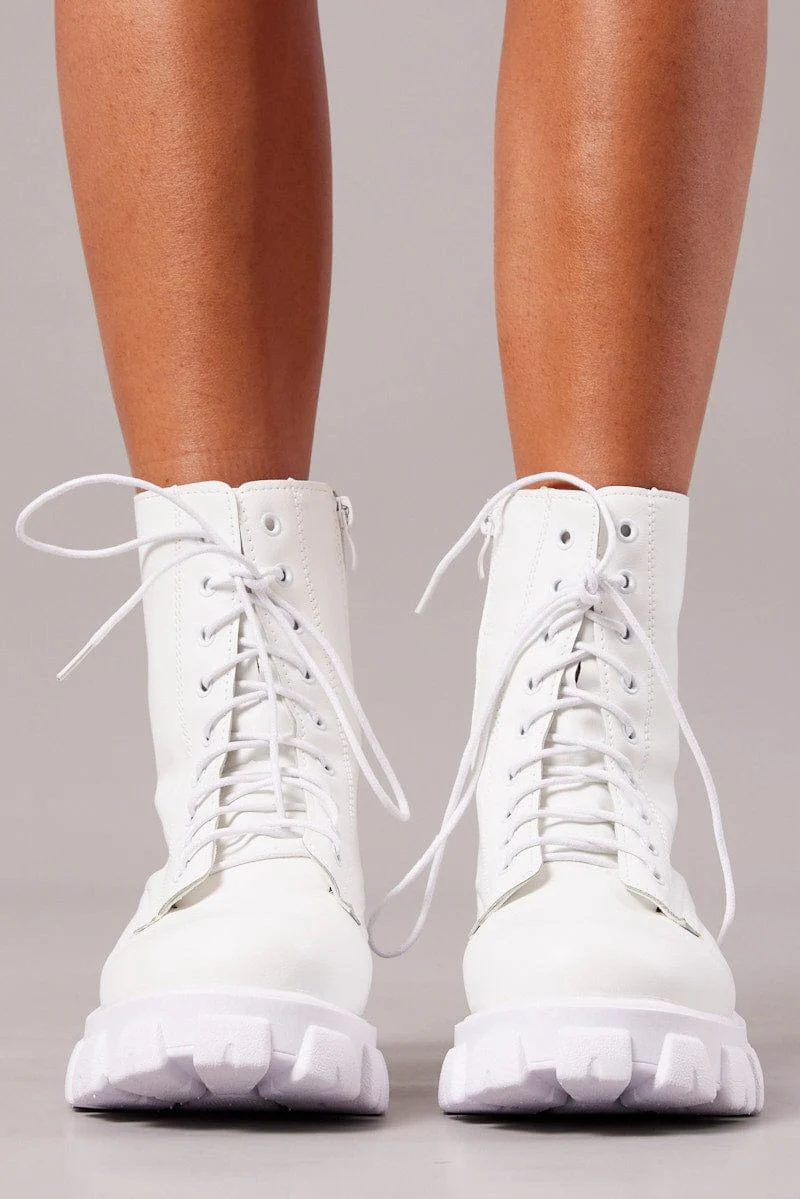 White Chunky Lace Up Ankle Boots