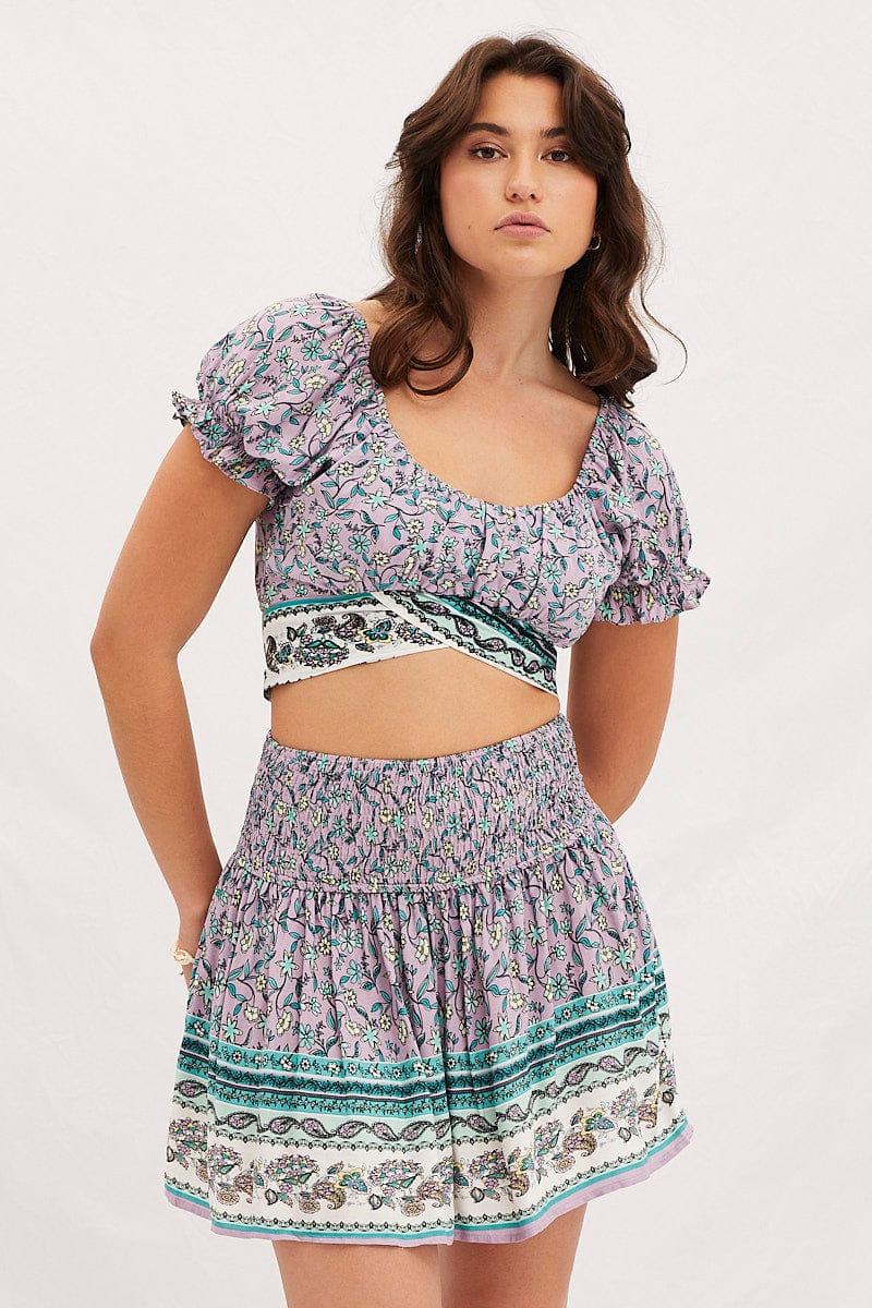 Boho Print Round Neck Puff Sleeve Crop Top