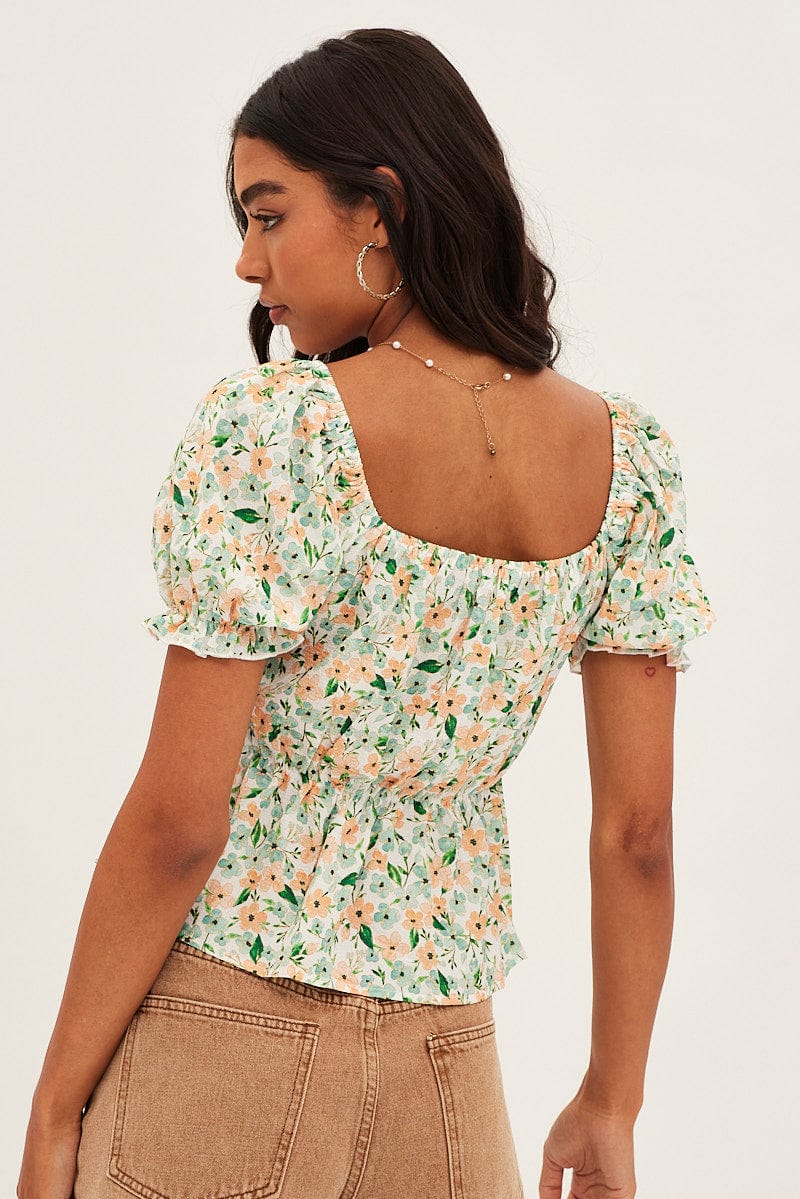 White Shirred Top Bodice Puff Sleeve