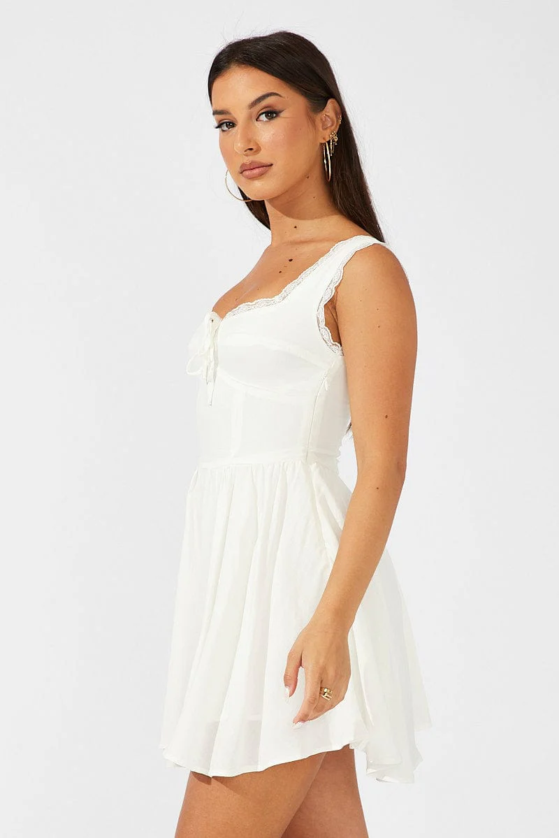 White Fit and Flare Dress Sleeveless Lace Trim