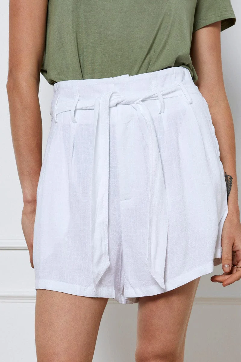 White Belted Shorts High Waist Linen
