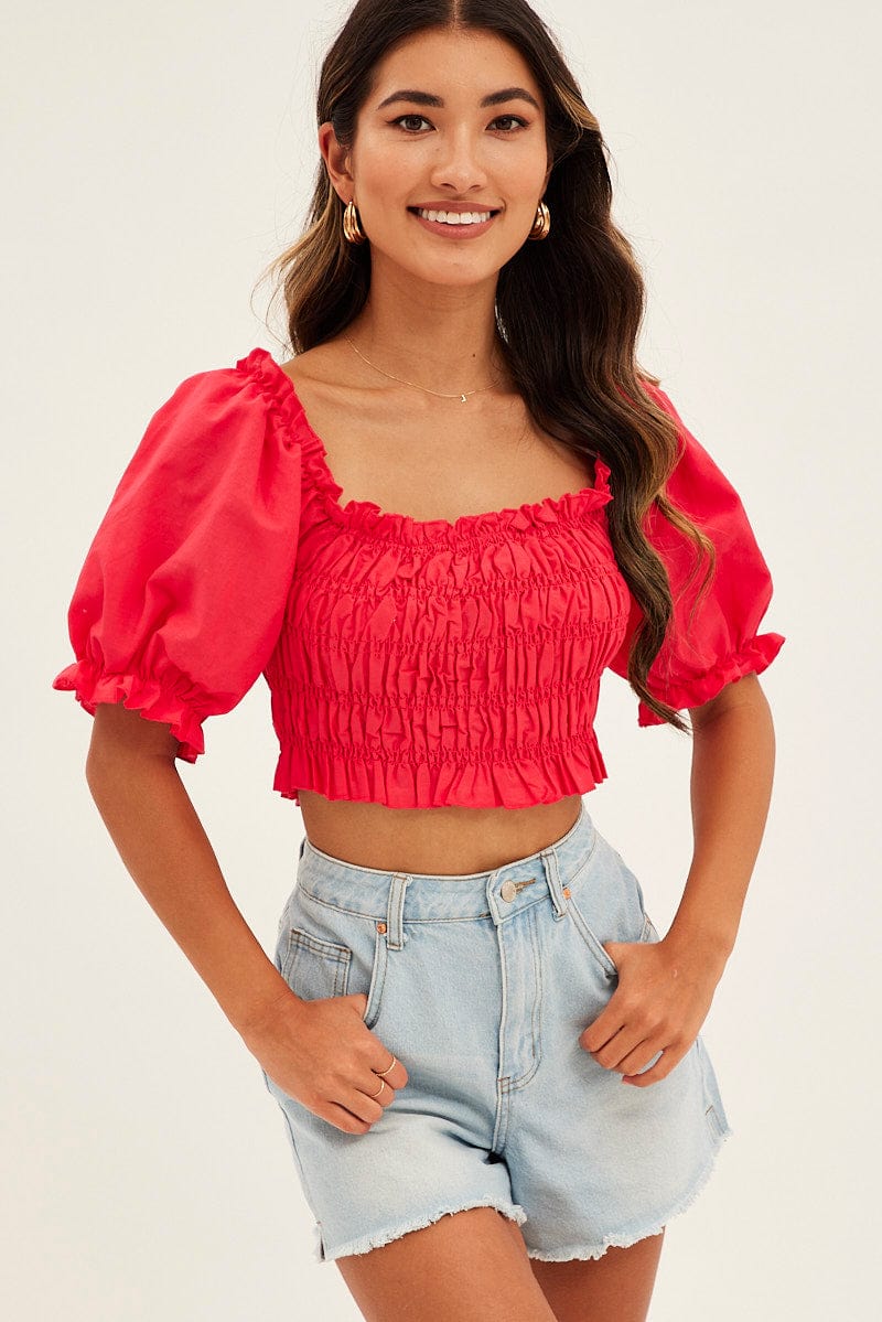 Red Crop Top Short Sleeve Square Neck Linen Blend