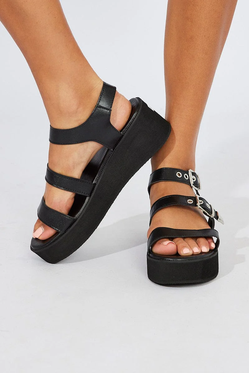 Black Double Buckle Wedges Sandals