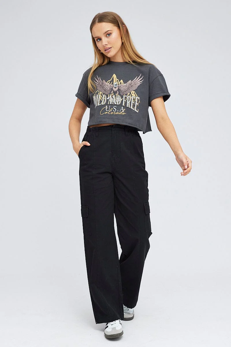 Grey Graphic Eagle Mountains Crop Oversized Tee T-shirt