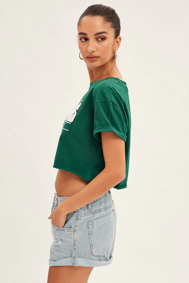 Green Graphic T Shirt Short Sleeve Round Neck Crop
