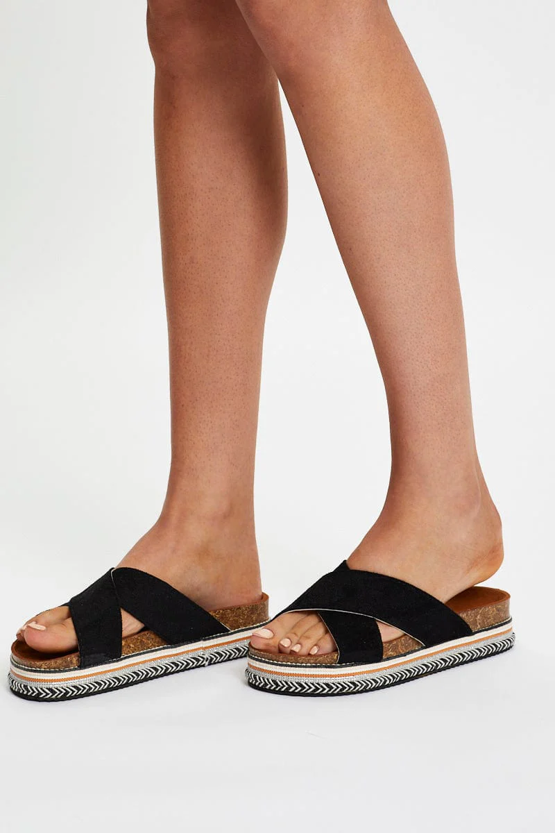 Black Cross Over Platform Sliders