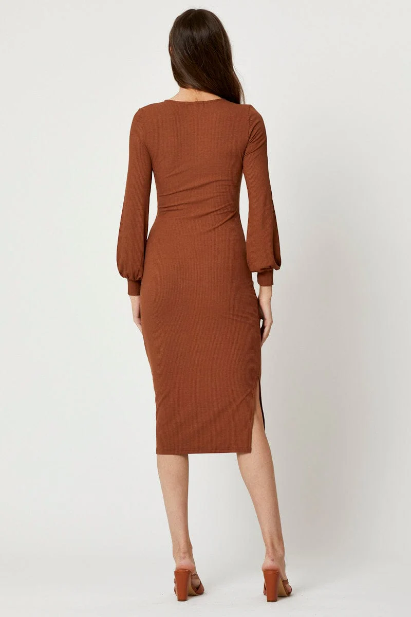 Brown Ribbed Drawstring Midi Dress