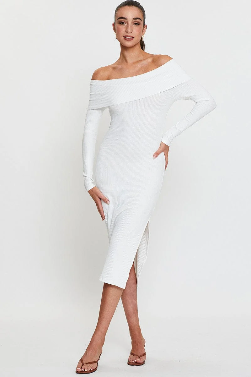 White Midi Dress Off Shoulder Long Sleeve
