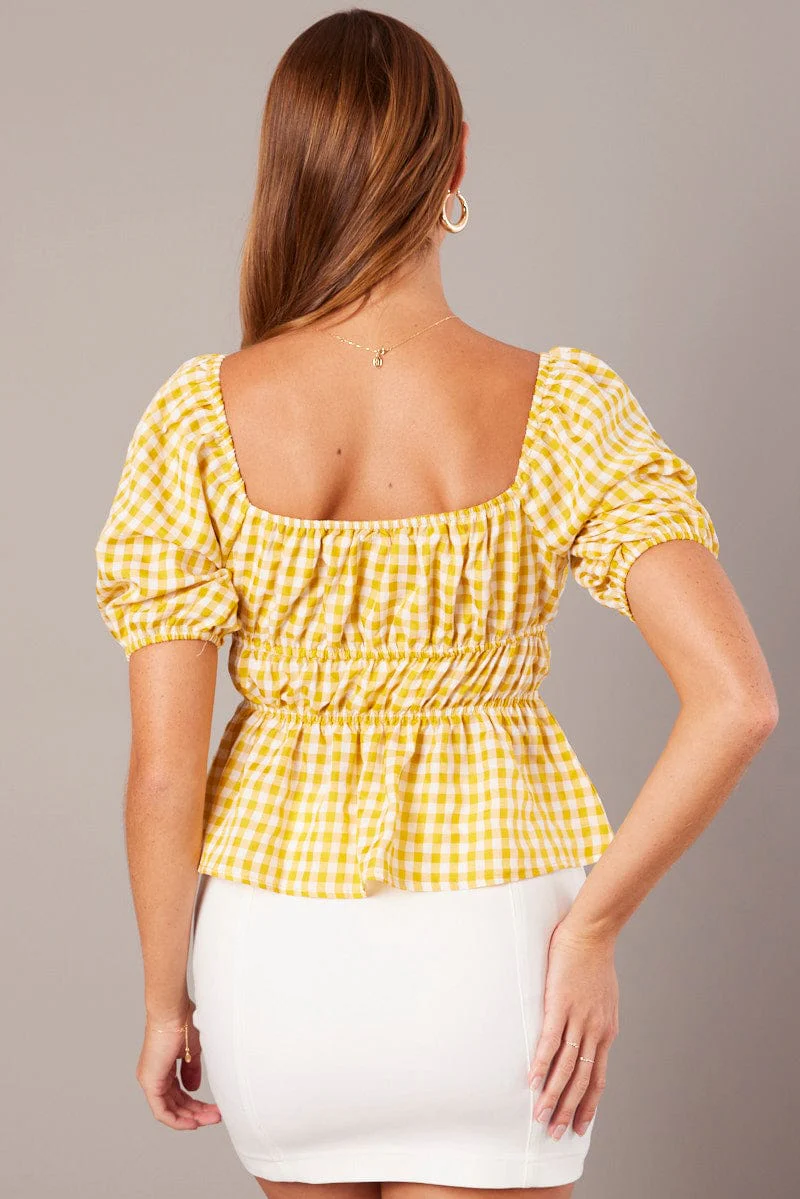 Yellow Check Ruched Peplum Top Short Sleeve