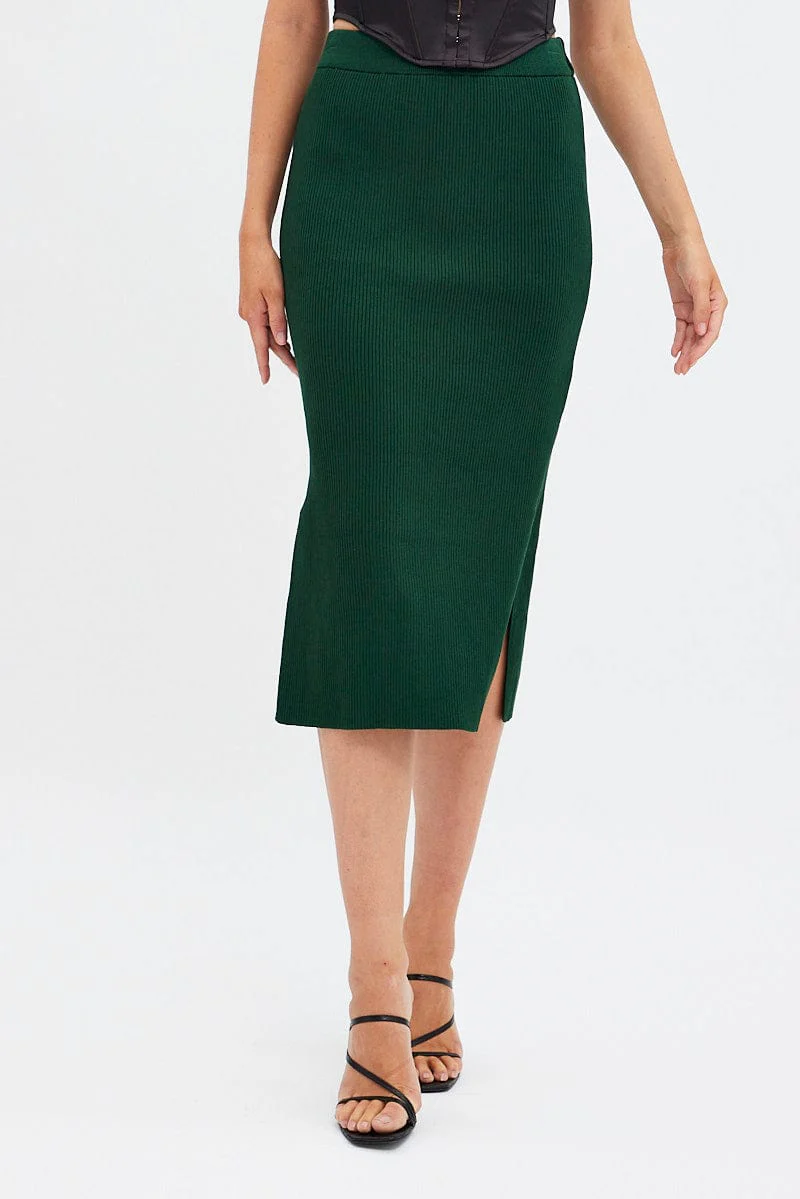 Green Knit Skirt High Rise Midi