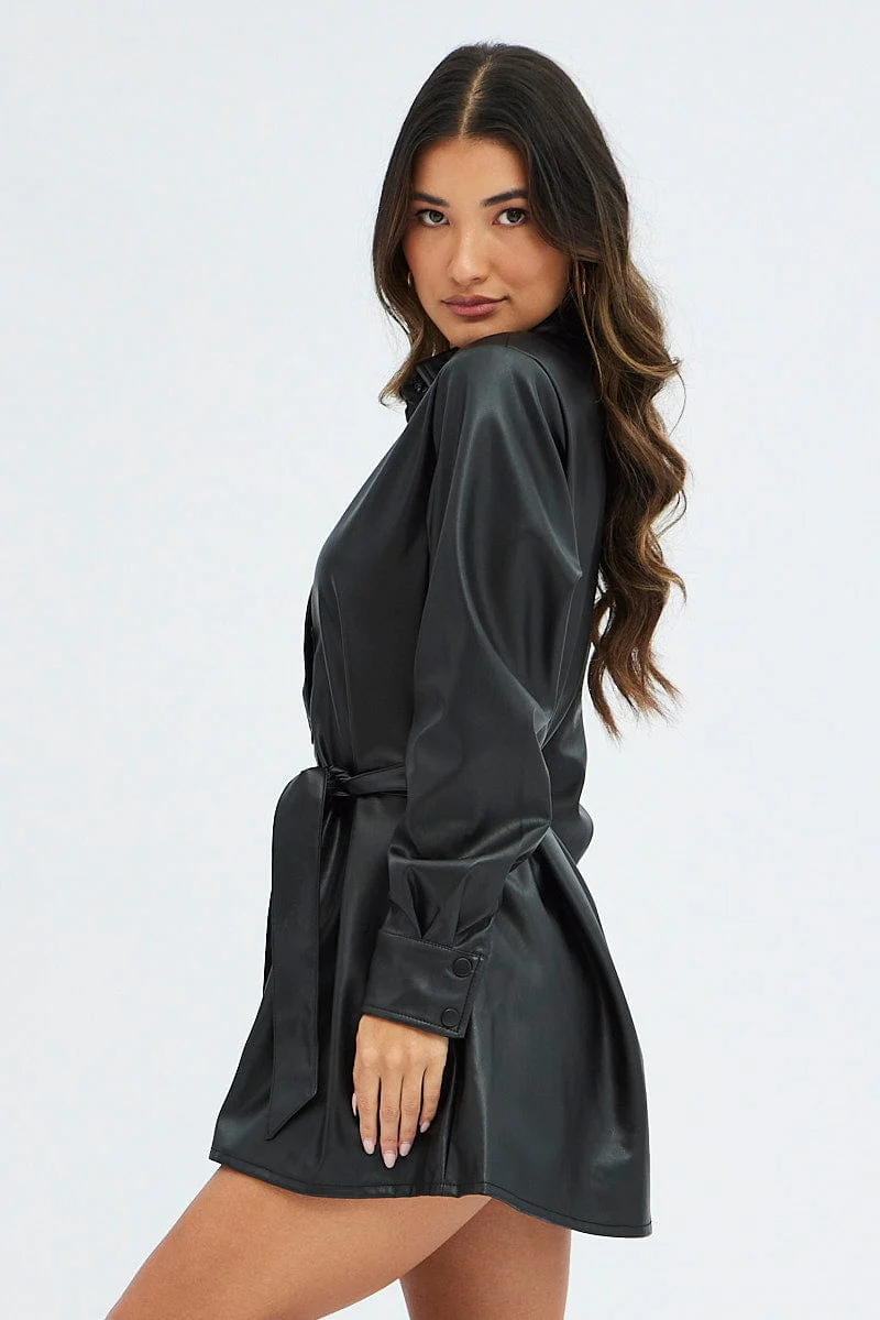 Black Faux Leather Dress Long Sleeve Collared Belted PU